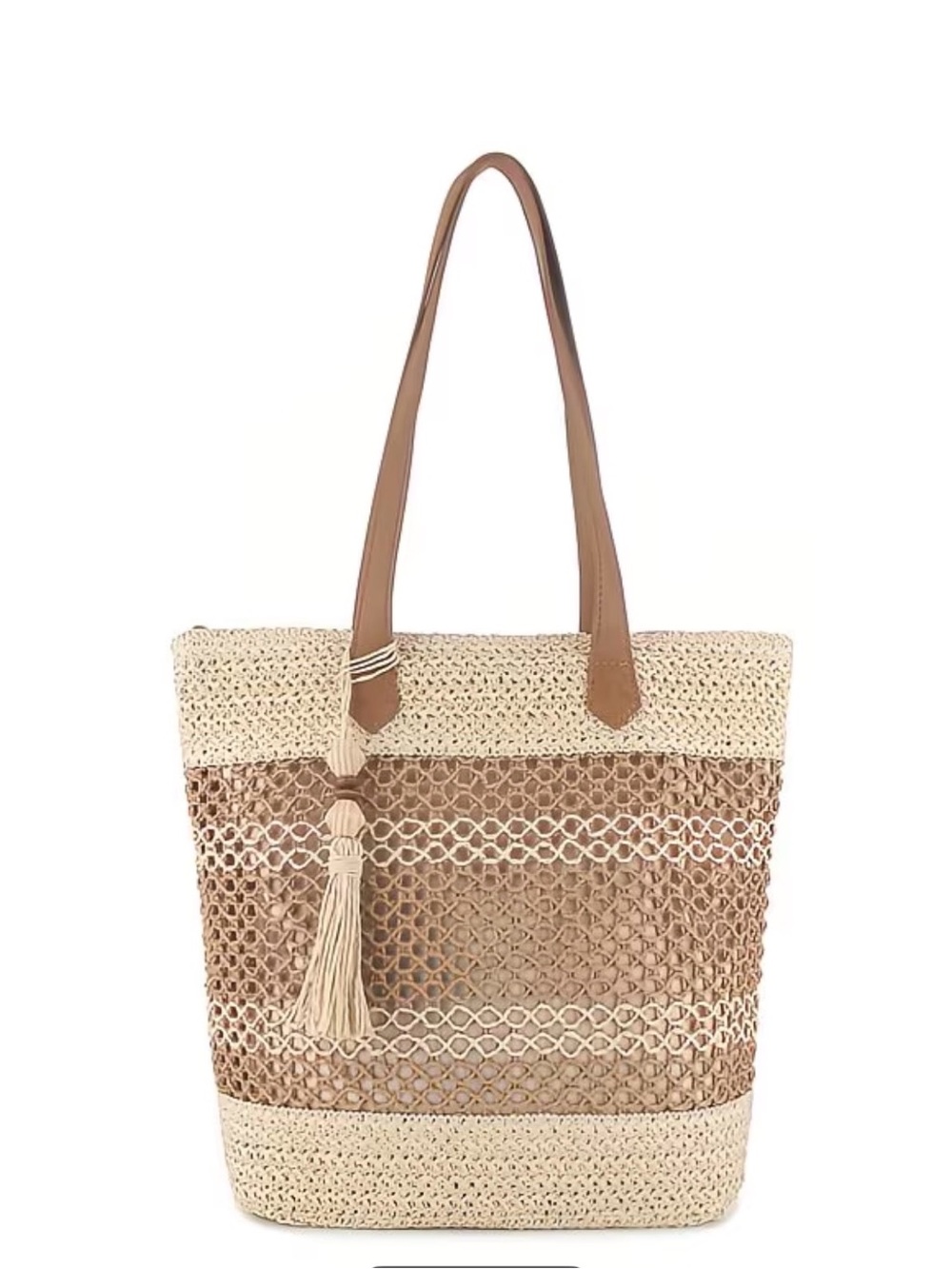 Woven Straw Tote Bag with Tassel Detail - Beige & Tan